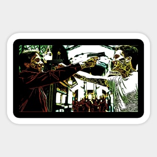 Denver and Auturo face each other and hold the pistols to their heads as comic graphic (vers. 2) Sticker